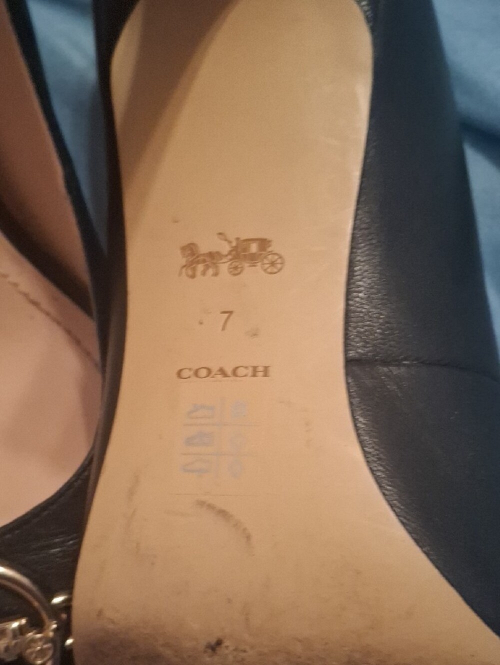 Coach Black Pointed Toe Leather Heels with Gold Horse & Carriage Hardware - Picture 7 of 9